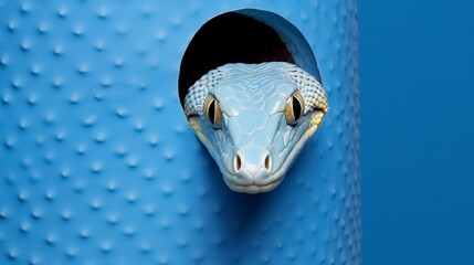 Wall Mural - cute corn snake peeking through a hole in a blue paper wall 