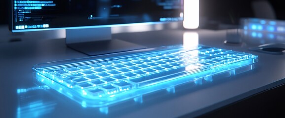 Aufkleber - Futuristic transparent keyboard illuminated with blue light on a desk.