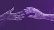 © 69 - Wireframe hands made of triangles, dots, and lines, coming together on a purple background, representing teamwork and connectivity in the digital age