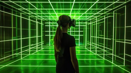 Poster - Woman wearing VR goggles interacts with a glowing green grid, exploring a virtual world inside an empty, futuristic office