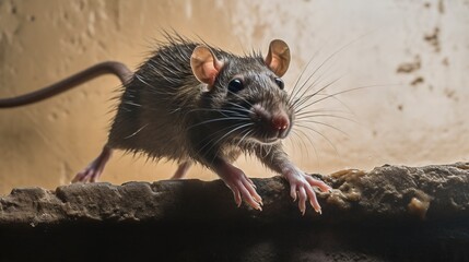 Poster - Close-up of a rat running along a wall in search of food, captured in motion to depict the urgency of rat control measures 