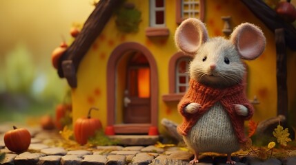 Wall Mural - A cute dressed wool felted mouse in front of a cozy fairytale knitted house 