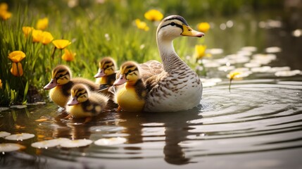 Poster - Mama duck leading her adorable ducklings through a pond, duck, ducklings, family, water, pond, cute, wildlife, nature, mama 