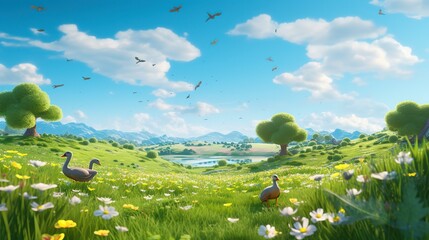 Wall Mural - Beautiful Springtime Environment with Ducks in a Green Field and Blue Skies Overhead. 