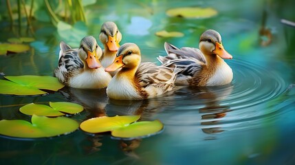 Canvas Print - A group of ducks peacefully floating on water. Perfect for nature and wildlife themes f5121b99cef6