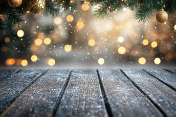 Wall Mural - Christmas tree with lights and snow on wooden table.