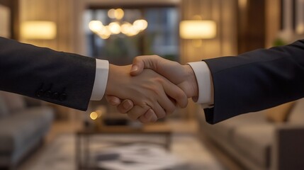 Poster - Professional handshake between a real estate agent and a buyer in a modern office with documents and contracts visible on the desk and a new apartment in the background