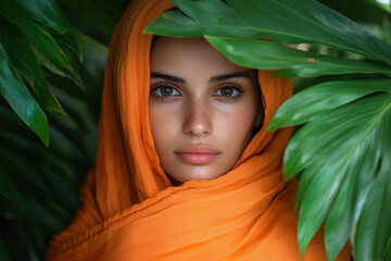 Woman in orange scarf looking at the camera. Bright background, expressive eyes, and warm smile convey confidence and approachability.