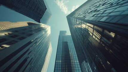 Low angle view of skyscrapers reaching towards a blue sky with white clouds.