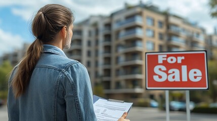 Poster - Real estate agent showing a property to a couple with a For Sale sign prominently displayed with documents and contracts in hand and a wellmaintained apartment in the background