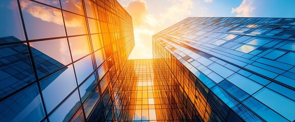 Low angle view of two glass skyscrapers reflecting the setting sun.