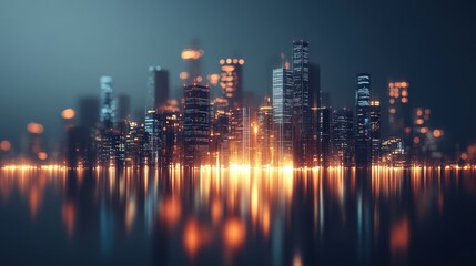 Modern skyline with illuminated skyscrapers reflecting off a calm surface in a digital landscape. Premium light background for technology wallpaper. 