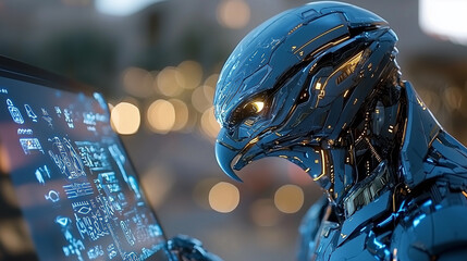 Aufkleber - futuristic robotic bird interacts with digital interface, showcasing advanced technology and intricate design. sleek metallic surface reflects ambient light, creating captivating visual