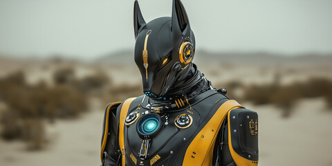 Aufkleber - futuristic robotic figure resembling dog stands in desolate landscape, showcasing advanced technology and sleek design. atmosphere is mysterious and captivating