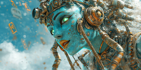 Aufkleber - captivating depiction of futuristic robotic figure with intricate details and glowing features, embodying blend of technology and artistry. vibrant colors and mechanical elements evoke sense of
