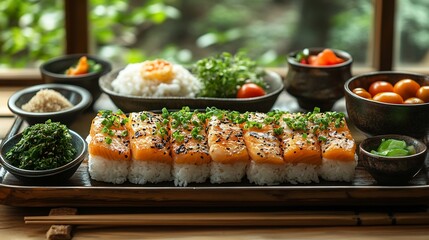 Poster - Serene Japaneseinspired meal setup showing healthful balanced food and a calm organized background