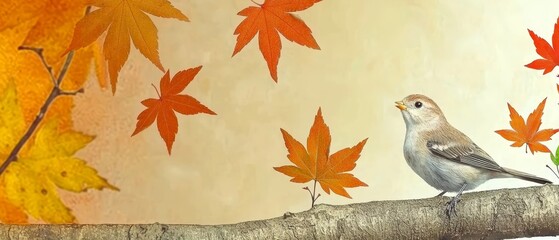  A bird on a tree branch, mirroring one in a painting of leaves and another branch