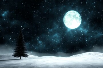 Wall Mural - a solitary tree against a night backdrop, moon in full regalia, star-studded sky above