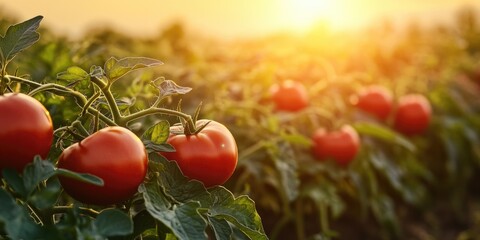 Canvas Print - Sunset over tomato field