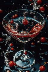  A tight shot of a wine glass brimming with cherry-studded liquid against a dark backdrop, dripping with water