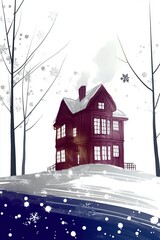  A red house atop a snow-covered hill overlooks a forest, its trees likewise blanketed in white snow