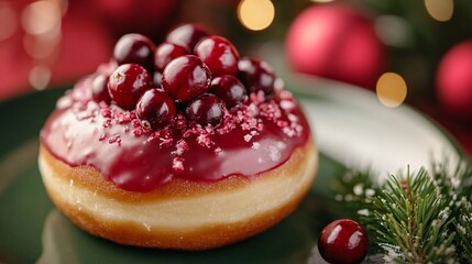 Donut topped with cranberry glaze and fresh cranberries, isolated on a festive red and green background