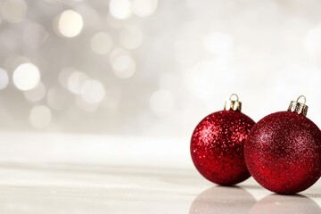  A tight shot of two red Christmas ornaments against a white backdrop Background features twinkling string lights