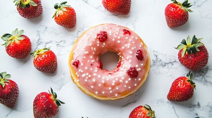 Poster - Glazed donut filled with strawberry jam, surrounded by fresh strawberries, isolated on a white marble background