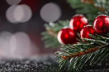  A tight shot of a Christmas tree branch adorned with red ornaments and mock snowflakes