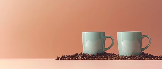  Two coffee mugs atop a pile of coffee beans, pink backdrop with a pink wall behind