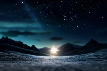 Wall Mural -  A star gleams brilliantly against the night sky's backdrop, its light illuminating a snow-blanketed field In the distance, mountains form an elegant range