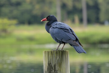 A black bird with a red beak perched on a wooden post against a blurred green background