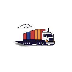 A stylized illustration of a truck transporting colorful containers on a road.