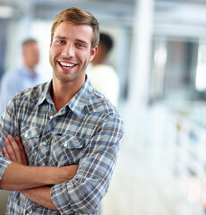 Poster - Business, man and portrait with arms crossed at work for career confidence, startup pride and laughing. Professional creative, writer and smile at media agency for copywriting and editor in office