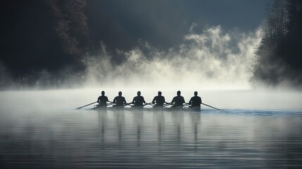 early morning rowers on misty lake