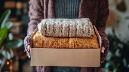 Poster - Woman preparing a box of used items for donation showcasing care and the spirit of giving
