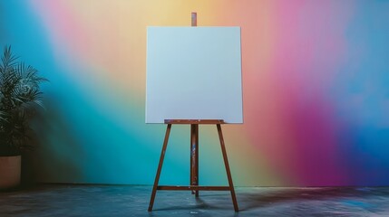 A blank canvas mockup on an easel set against a rainbow background is perfect for art related content and workshops