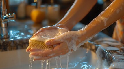 Fototapete - Woman scrubbing a dirty sink with a brush emphasizing home hygiene and maintenance