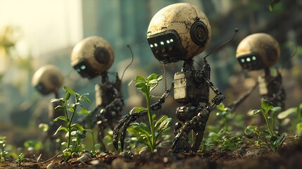 Poster - Innovative robots emerging from seeds a vision of nature and technology coexisting harmoniously in a futuristic landscape