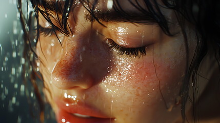 Poster - Captivating moment a woman's serene expression under refreshing water emphasizing natural beauty and emotion