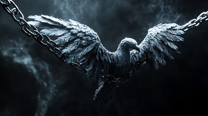 Poster - A captivating winged figure bound in chains a symbol of struggle and freedom amidst a darkened atmosphere