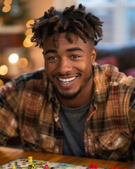 Poster - A man smiles while playing a board game. AI.