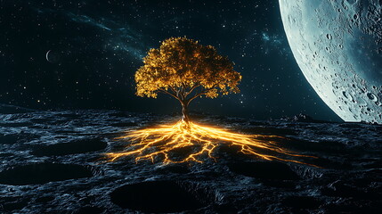 Aufkleber - A mesmerizing tree with glowing roots illuminates a lunar landscape merging nature and cosmic beauty in a stunning celestial scene