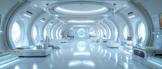 Wall Mural - Futuristic interior with white walls and glowing lights. AI.