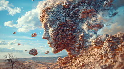 Leinwandbilder - A surreal exploration of identity unveiling a dreamlike face emerging from the desert landscape in stunning detail and color