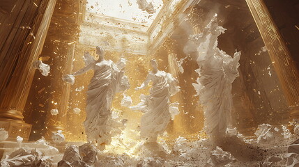 Poster - Majestic statues in a grand hall illuminated by a golden glow with scattered papers creating an enigmatic atmosphere