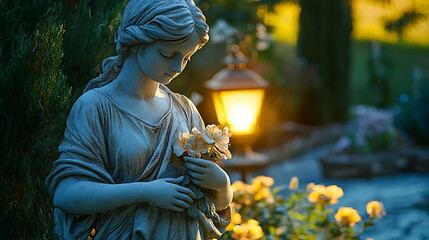 Poster - A serene marble statue embodying beauty surrounded by blossoms and soft lantern light in a tranquil garden setting