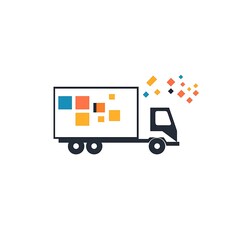 A stylized delivery truck with colorful squares, symbolizing logistics and transportation.