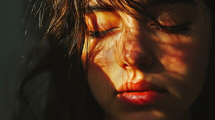 Poster - Captivating close-up of a woman's serene face bathed in warm light and shadow evoking calm and reflection