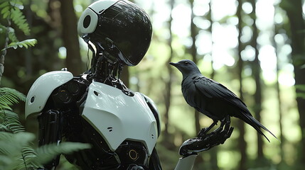 Poster - A futuristic encounter a robot engages with a bird in a lush forest highlighting harmony between technology and nature